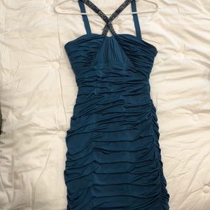 Blue ruched beaded cocktail dress